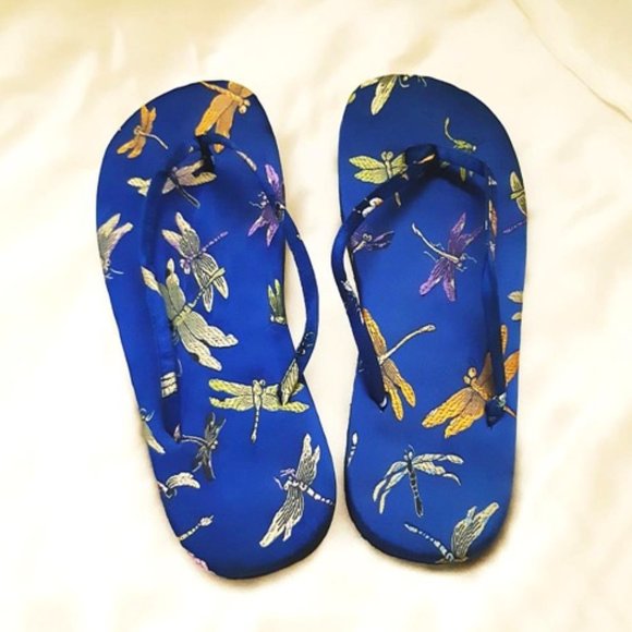 Satin BLUE Woven Dragonfly Open-Toe Flip Flops, L - Picture 1 of 9